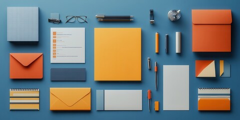 Top view of a colorful office stationery set on a blue background, including envelopes, notebooks, pens, and more. Ideal for office supplies concept.