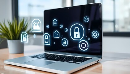 Fototapeta premium laptop with float icon on a table