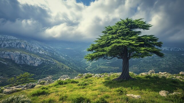 Majestic Cedar of Lebanon Towering Among Mountainous Landscape with Dramatic Skies