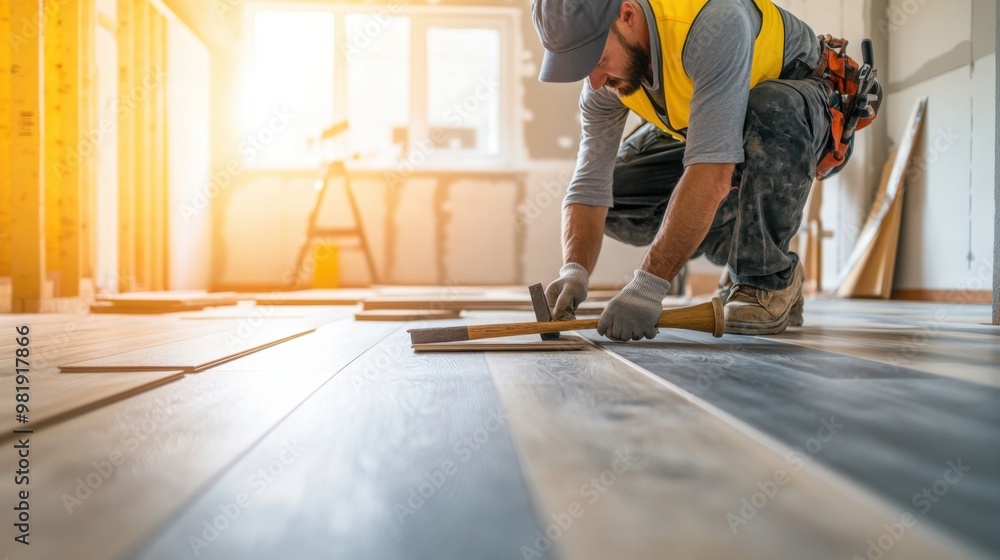 Poster flooring specialist installing laminate boards, using a hammer and block to align the pieces.