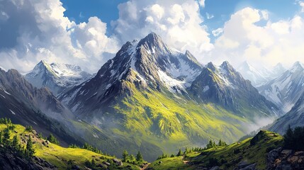 stunning mountain vistas showcasing vivid contrasts intricate details majestic landscapes, nature, scenery, view, peak, sky, clouds, sunlight, shadow