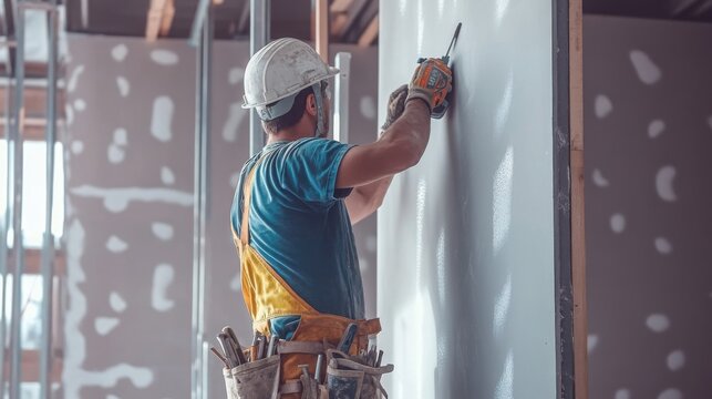  drywall installer attaching a large piece of drywall to a wall.