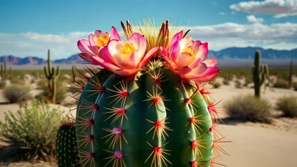 A blooming cactus with bright pink and orange flowers stands in the desert, contrasting with green spikes and pastel sand, under a clear blue sky with wispy clouds.