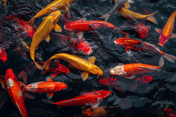 A large group of koi fish, with vibrant red and yellow colors, splashing on the water surface. The colorful scales stand out against the dark background