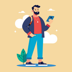 a man is standing and using a smartphone Flat design illustration