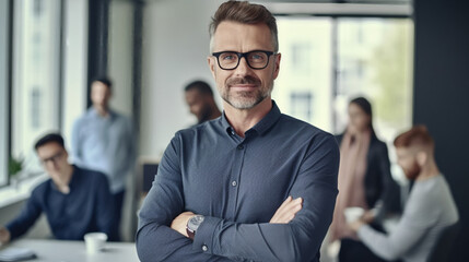 Fototapeta premium Portrait of a confident businessman with arms crossed, standing in front of a business team working together in a conference room.
