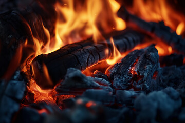 Close-up of burning wood in a fireplace, macro photography of fire flames on a dark background