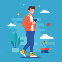 a man is standing and using a smartphone Flat design illustration
