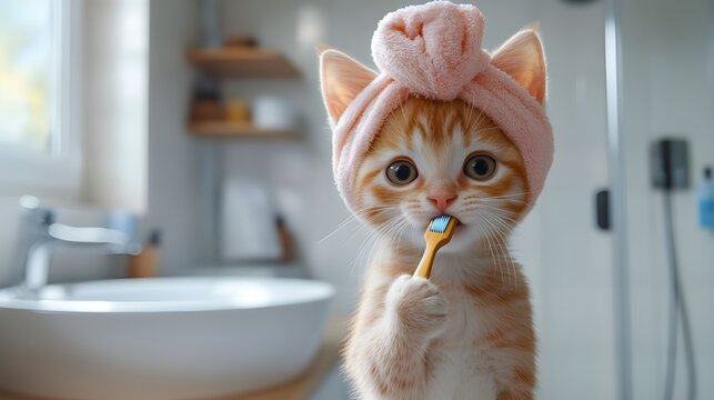 Cat brushing teeth with toothbrush, cute kitten with towel turban, modern bathroom in background. Funny animal portrait, Pet insurance, health care, dental check up, oral hygiene concept digital art.