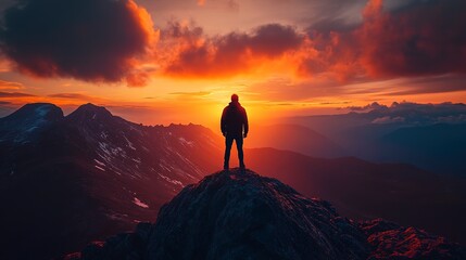 Fototapeta premium Man on Mountaintop at Sunset: A lone figure stands silhouetted against a breathtaking panorama of a towering mountain and a fiery sunset. The image evokes a sense of tranquility, introspection