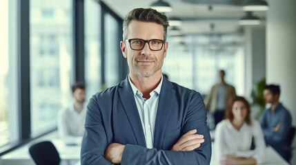 Obraz premium Portrait of a confident businessman with arms crossed, standing in front of a business team working together in a conference room.
