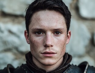 Fototapeta premium Intense gaze of a young man with freckles
