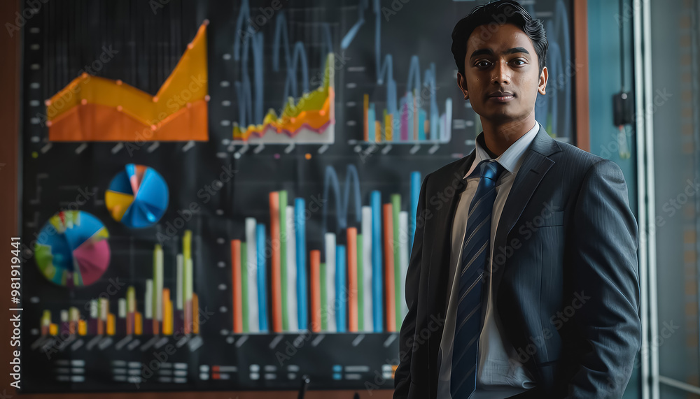 Sticker A man stands in front of a large monitor displaying various graphs and charts