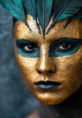 Closeup of a gold and teal face with feathers