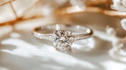A luxurious engagement ring featuring a prominent gem, photographed against a minimalist white backdrop to highlight its elegance.