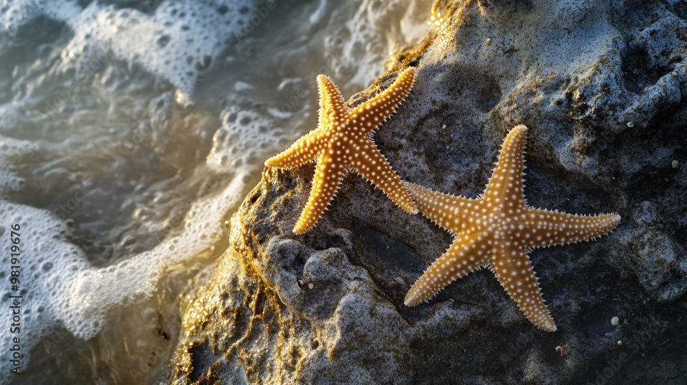 Poster Two Starfish on a Rocky Beach