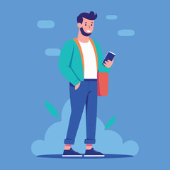 a man is standing and using a smartphone Flat design illustration