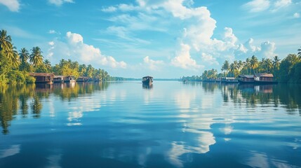 Fototapeta premium A panoramic view of the Kerala backwaters, with houseboats cruising through calm waters.