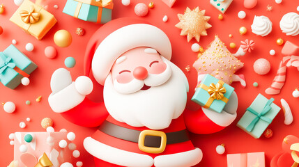 Fototapeta premium Joyful Santa Claus: Festive Christmas cheer with a cheerful Santa Claus surrounded by colorful presents, ornaments, and candy canes on a red background. Perfect for winter holidays, Christmas,