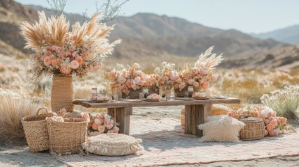 A dreamy outdoor boho-style picnic scene, complete with low wooden tables, woven baskets, and floral arrangements. The surrounding desert and clear sky offer an airy feel with generous space for copy