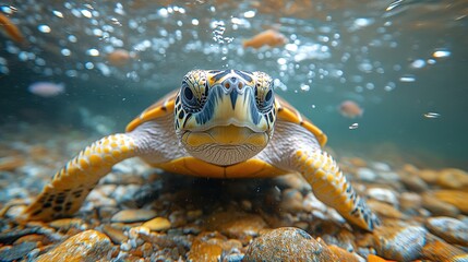 Close-Up Photograph of a Happy Turtle Underwater in a River, Shot from Below – Fish Swimming Above the Surface with Rocks and Pebbles on the Bottom


