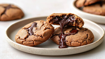Fototapeta premium Freshly baked chocolate cookies with melted chocolate filling, presented on a ceramic plate, ideal for dessert or snack photography