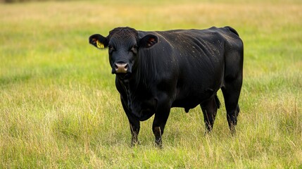 Black Angus Cow Grazing in a Field