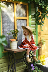 Beautiful little girl of two years old playing in the autumn yard. Little child playing in the yard of the house. Girl with long hair in a dress