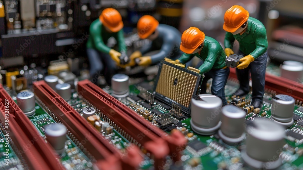Poster miniature workers installing cpu on motherboard
