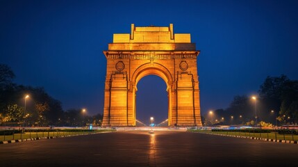 Obraz premium The iconic India Gate in New Delhi, illuminated at night.