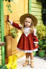 Beautiful little girl of two years old playing in the autumn yard. Little child playing in the yard of the house. Girl with long hair in a dress