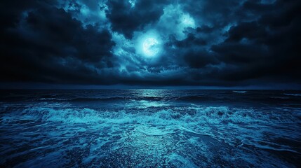 Fototapeta premium Full Moon Over Ocean Waves At Night