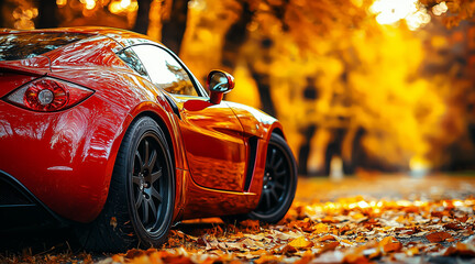 Car wallpaper, background with yellow leaves and trees, the car is red. Concept of speed, security. Autumn and winter style