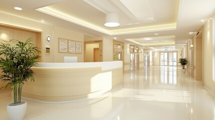 Modern Hospital Reception Desk and Hallway Interior Design
