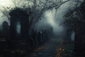 Foggy Pathway Through a Cemetery with Tombstones and Bare Trees