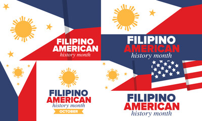 Filipino American History Month. Happy holiday celebrate annual in October. Filipinos and United States flag. Culture month. Patriotic design. Poster, card, banner, template. Vector illustration