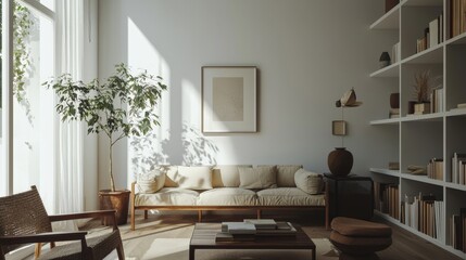 Fototapeta premium A minimalist living room designed for slow living, with comfortable seating, natural light, and a few carefully chosen books and decor pieces.