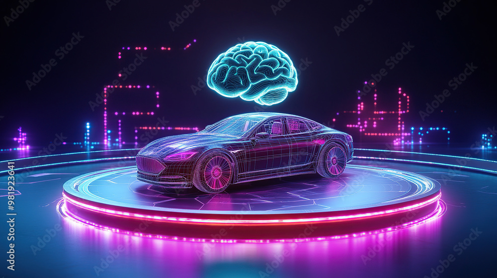 Poster 3d rendering of a holographic model car with a glowing brain floating above it on a circular podium
