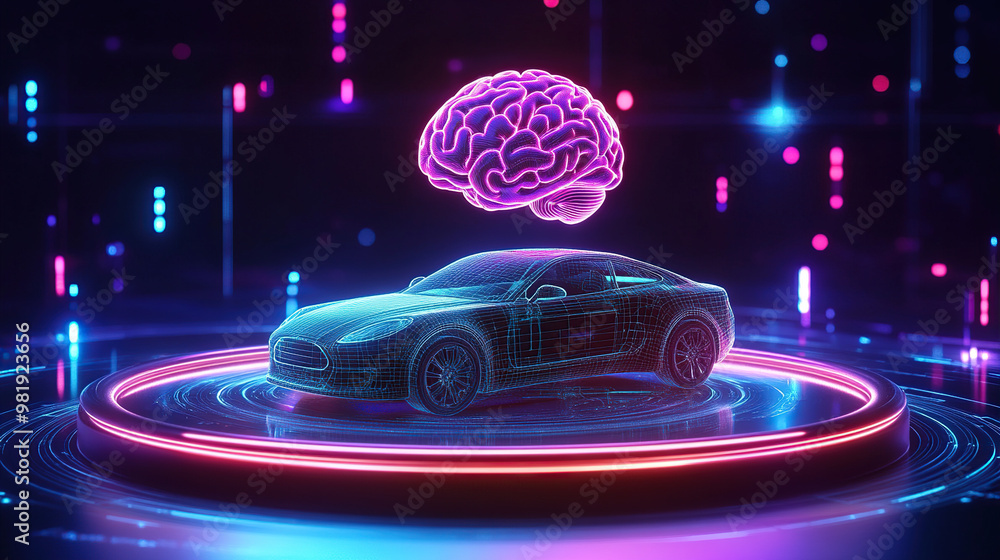 Poster 3d rendering of a holographic model car with a glowing brain floating above it on a circular podium