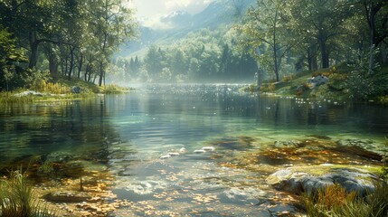 Obraz premium Tranquil Forest Lake with Mountain View