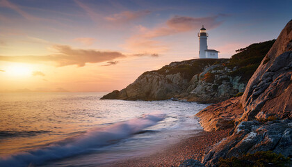 Naklejka premium A solitary lit lighthouse stands on a curved shoreline at sunset, with a rocky hillside extending into the ocean