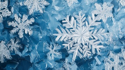 Beautiful Ice Snowflakes on Blue Background