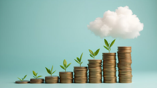 Stacks of coins with a cloud icon symbolize cloud financial planning, highlighting cost management and budgeting in cloud computing