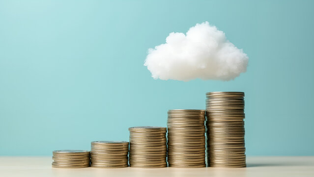 Stacks of coins with a cloud icon symbolize cloud financial planning, highlighting cost management and budgeting in cloud computing