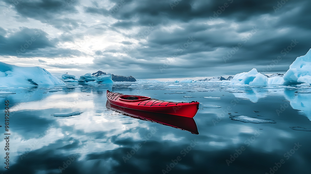 Poster A vivid red kayak moves through tranquil icy waters under a cloudy sky, navigating among arctic ice formations and capturing the serene beauty of the environment.