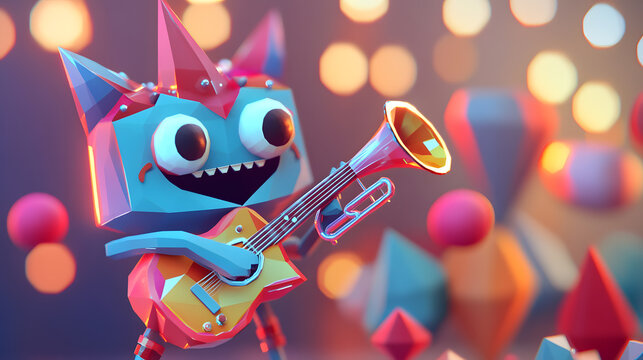 A cute monster dot black eyes, and a cheerful smile playing cute model pastel colour style ,each monster play music ,drum, trampet ,guitar, Violin ,Flute,Saxophone,Trombone,Piano pastel copyspace.

