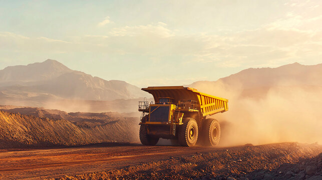 Large Yellow Mining Truck Driving Through Coal Mine &ndash; Dust and Mountains in the Distance