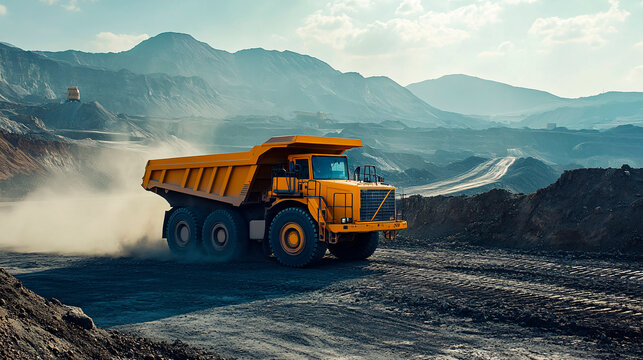 Large Yellow Mining Truck Driving Through Coal Mine &ndash; Dust and Mountains in the Distance