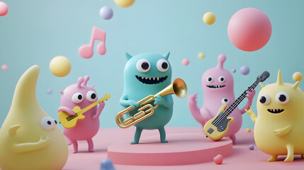 A cute monster dot black eyes, and a cheerful smile playing cute model pastel colour style ,each monster play music ,drum, trampet ,guitar, Violin ,Flute,Saxophone,Trombone,Piano pastel copyspace.

