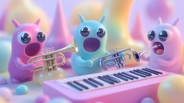A cute monster dot black eyes, and a cheerful smile playing cute model pastel colour style ,each monster play music ,drum, trampet ,guitar, Violin ,Flute,Saxophone,Trombone,Piano pastel copyspace.

